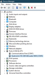 Windows Device Manager showing the correct Qualcomm 9008 driver installed