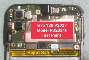 Vivo Y20 motherboard highlighting the two exact gold test points